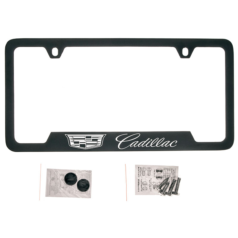 2021 CT4 License Plate Frame | Black with Chrome Cadillac Crest | Cadillac Script Logo