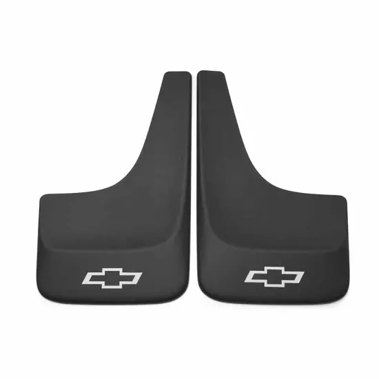 2018 Silverado 3500 Splash Guards | Rear Flat Contour | Black | White Bowtie Logo | Pair