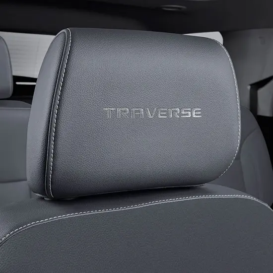 2019 Traverse Headrest | Dark Galvanized Vinyl | Embroidered Traverse Script | Titanium Stitch | Sin